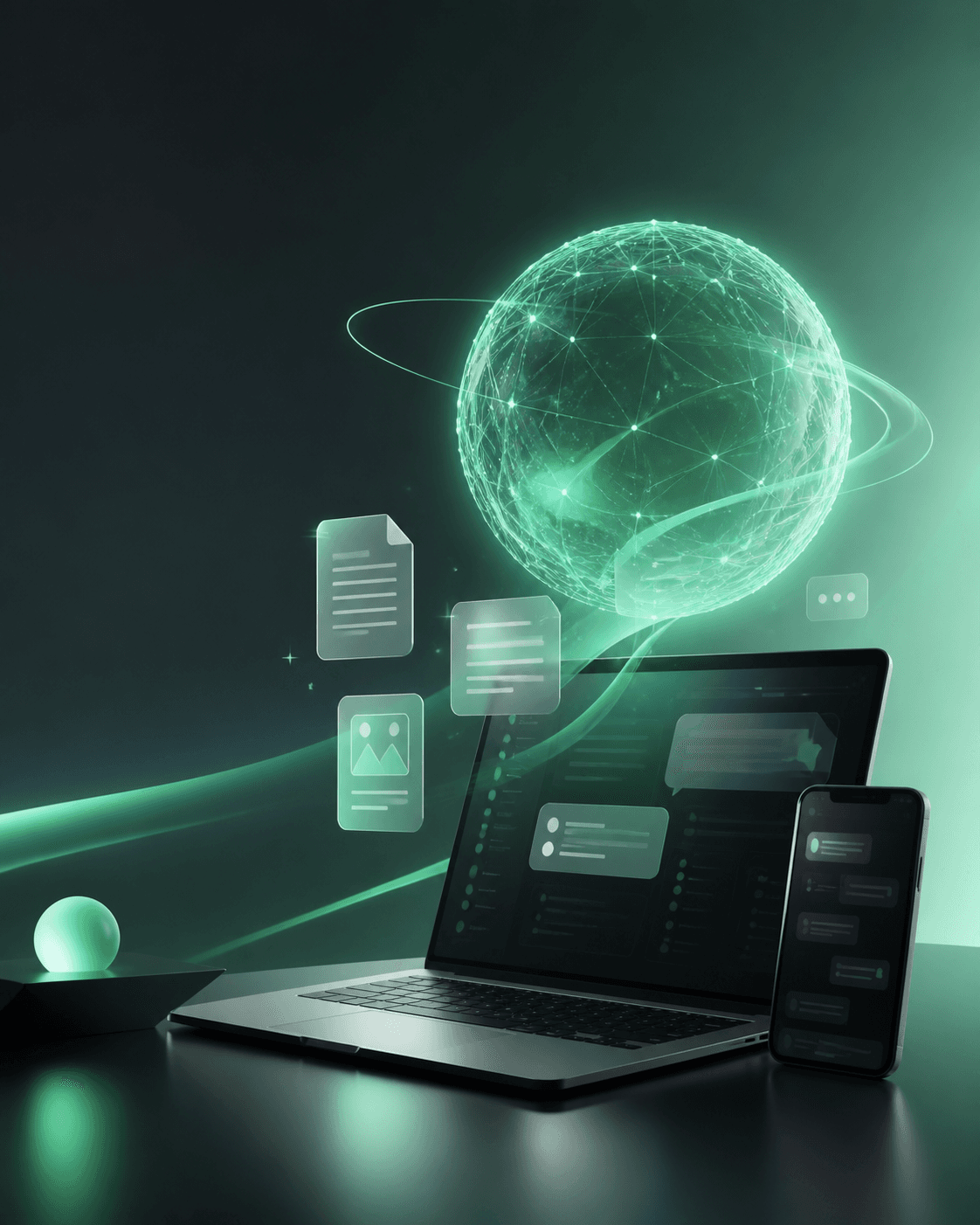 Luminous digital intelligence above a laptop and phone