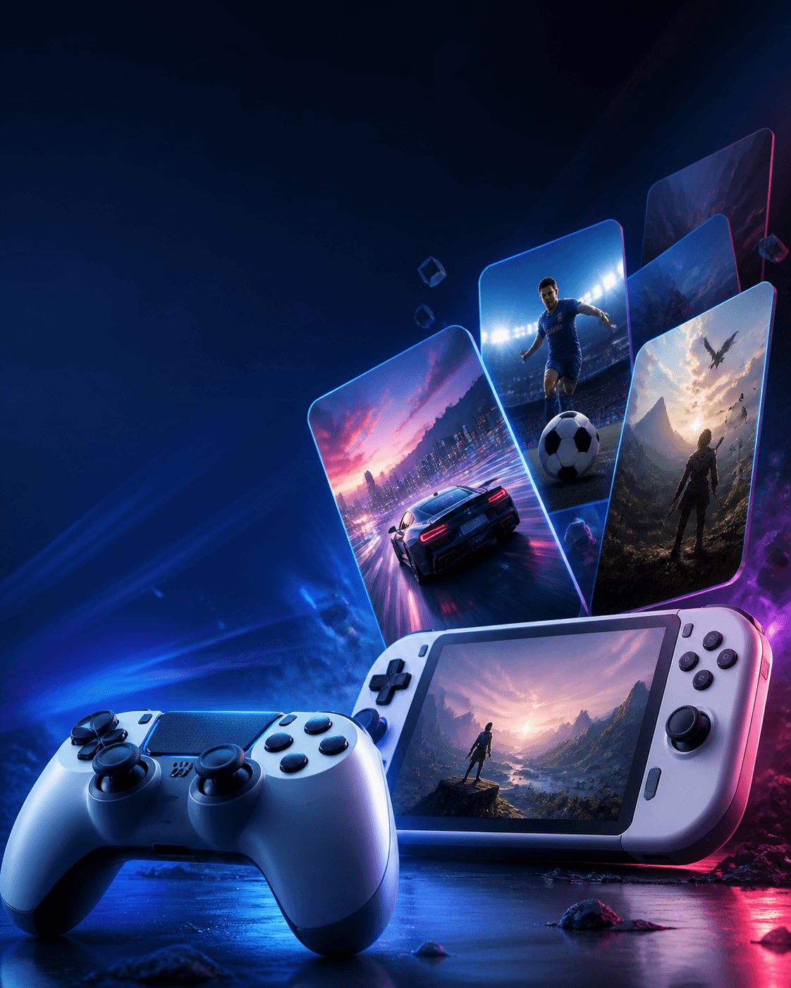Game controller and handheld console surrounded by game worlds