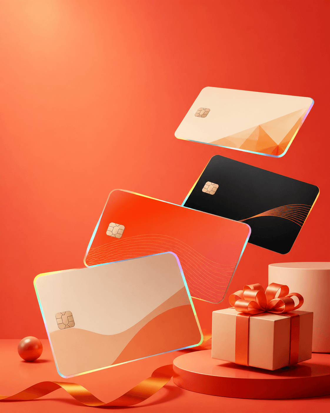Digital gift cards arranged with a wrapped gift